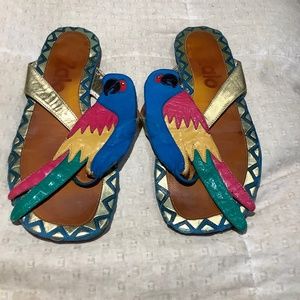 Vintage “Zalo” fabulous sandals maybe from the 50s multi color Parrots in Leathe